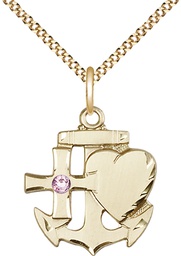 [6045GF-STN6/18G] 14kt Gold Filled Faith, Hope &amp; Charity Pendant with a 3mm Light Amethyst Swarovski stone on a 18 inch Gold Plate Light Curb chain