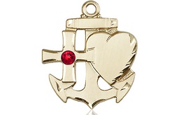 [6045GF-STN7] 14kt Gold Filled Faith, Hope &amp; Charity Medal with a 3mm Ruby Swarovski stone