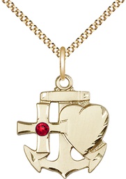 [6045GF-STN7/18G] 14kt Gold Filled Faith, Hope &amp; Charity Pendant with a 3mm Ruby Swarovski stone on a 18 inch Gold Plate Light Curb chain