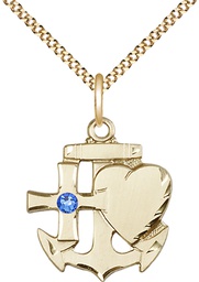 [6045GF-STN9/18G] 14kt Gold Filled Faith, Hope &amp; Charity Pendant with a 3mm Sapphire Swarovski stone on a 18 inch Gold Plate Light Curb chain