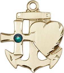 [6045KT-STN5] 14kt Gold Faith, Hope &amp; Charity Medal with a 3mm Emerald Swarovski stone