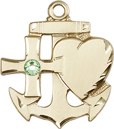 [6045KT-STN8] 14kt Gold Faith, Hope &amp; Charity Medal with a 3mm Peridot Swarovski stone