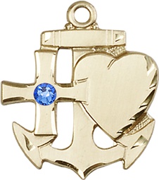 [6045KT-STN9] 14kt Gold Faith, Hope &amp; Charity Medal with a 3mm Sapphire Swarovski stone