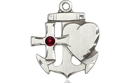 [6045SS-STN1] Sterling Silver Faith, Hope &amp; Charity Medal with a 3mm Garnet Swarovski stone