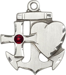 [6045SS-STN1] Sterling Silver Faith, Hope &amp; Charity Medal with a 3mm Garnet Swarovski stone