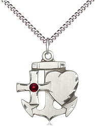 [6045SS-STN1/18S] Sterling Silver Faith, Hope &amp; Charity Pendant with a 3mm Garnet Swarovski stone on a 18 inch Light Rhodium Light Curb chain