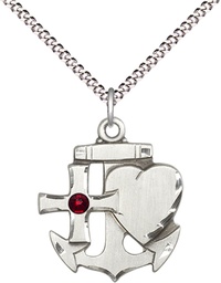 [6045SS-STN1/18S] Sterling Silver Faith, Hope &amp; Charity Pendant with a 3mm Garnet Swarovski stone on a 18 inch Light Rhodium Light Curb chain