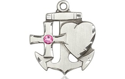 [6045SS-STN10] Sterling Silver Faith, Hope &amp; Charity Medal with a 3mm Rose Swarovski stone