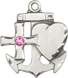 [6045SS-STN10] Sterling Silver Faith, Hope &amp; Charity Medal with a 3mm Rose Swarovski stone