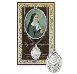 [HI-950-410] St. Bernadette Genuine Pewter Medal on a 24&quot; Chain with Biography and Picture Folder