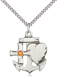 [6045SS-STN11/18S] Sterling Silver Faith, Hope &amp; Charity Pendant with a 3mm Topaz Swarovski stone on a 18 inch Light Rhodium Light Curb chain