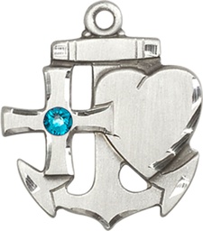 [6045SS-STN12] Sterling Silver Faith, Hope &amp; Charity Medal with a 3mm Zircon Swarovski stone