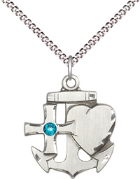 [6045SS-STN12/18S] Sterling Silver Faith, Hope &amp; Charity Pendant with a 3mm Zircon Swarovski stone on a 18 inch Light Rhodium Light Curb chain