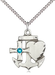 [6045SS-STN12/18S] Sterling Silver Faith, Hope &amp; Charity Pendant with a 3mm Zircon Swarovski stone on a 18 inch Light Rhodium Light Curb chain