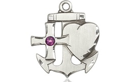 [6045SS-STN2] Sterling Silver Faith, Hope &amp; Charity Medal with a 3mm Amethyst Swarovski stone