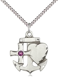 [6045SS-STN2/18S] Sterling Silver Faith, Hope &amp; Charity Pendant with a 3mm Amethyst Swarovski stone on a 18 inch Light Rhodium Light Curb chain