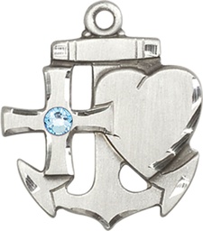 [6045SS-STN3] Sterling Silver Faith, Hope &amp; Charity Medal with a 3mm Aqua Swarovski stone