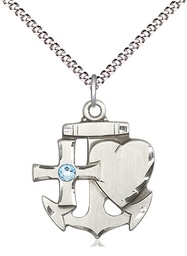 [6045SS-STN3/18S] Sterling Silver Faith, Hope &amp; Charity Pendant with a 3mm Aqua Swarovski stone on a 18 inch Light Rhodium Light Curb chain