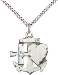 [6045SS-STN3/18S] Sterling Silver Faith, Hope &amp; Charity Pendant with a 3mm Aqua Swarovski stone on a 18 inch Light Rhodium Light Curb chain