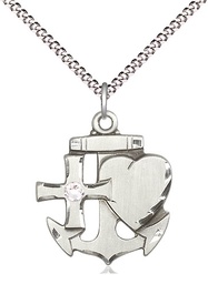 [6045SS-STN4/18S] Sterling Silver Faith, Hope &amp; Charity Pendant with a 3mm Crystal Swarovski stone on a 18 inch Light Rhodium Light Curb chain