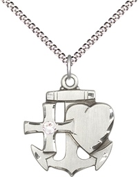 [6045SS-STN4/18S] Sterling Silver Faith, Hope &amp; Charity Pendant with a 3mm Crystal Swarovski stone on a 18 inch Light Rhodium Light Curb chain