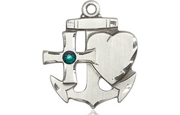 [6045SS-STN5] Sterling Silver Faith, Hope &amp; Charity Medal with a 3mm Emerald Swarovski stone