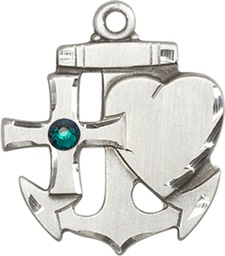 [6045SS-STN5] Sterling Silver Faith, Hope &amp; Charity Medal with a 3mm Emerald Swarovski stone