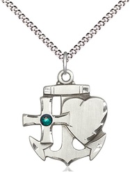 [6045SS-STN5/18S] Sterling Silver Faith, Hope &amp; Charity Pendant with a 3mm Emerald Swarovski stone on a 18 inch Light Rhodium Light Curb chain