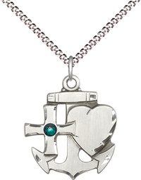 [6045SS-STN5/18S] Sterling Silver Faith, Hope &amp; Charity Pendant with a 3mm Emerald Swarovski stone on a 18 inch Light Rhodium Light Curb chain