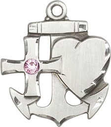 [6045SS-STN6] Sterling Silver Faith, Hope &amp; Charity Medal with a 3mm Light Amethyst Swarovski stone