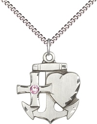 [6045SS-STN6/18S] Sterling Silver Faith, Hope &amp; Charity Pendant with a 3mm Light Amethyst Swarovski stone on a 18 inch Light Rhodium Light Curb chain