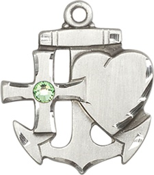 [6045SS-STN8] Sterling Silver Faith, Hope &amp; Charity Medal with a 3mm Peridot Swarovski stone