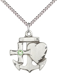 [6045SS-STN8/18S] Sterling Silver Faith, Hope &amp; Charity Pendant with a 3mm Peridot Swarovski stone on a 18 inch Light Rhodium Light Curb chain