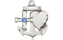 [6045SS-STN9] Sterling Silver Faith, Hope &amp; Charity Medal with a 3mm Sapphire Swarovski stone