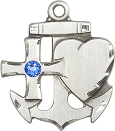 [6045SS-STN9] Sterling Silver Faith, Hope &amp; Charity Medal with a 3mm Sapphire Swarovski stone