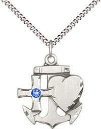 [6045SS-STN9/18S] Sterling Silver Faith, Hope &amp; Charity Pendant with a 3mm Sapphire Swarovski stone on a 18 inch Light Rhodium Light Curb chain