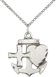 [6045SS/18SS] Sterling Silver Faith, Hope &amp; Charity Pendant on a 18 inch Sterling Silver Light Curb chain