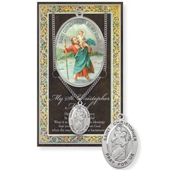 [HI-950-620] St. Christopher w chain Genuine Pewter Medal on a 24" Chain with Biography and Picture Folder