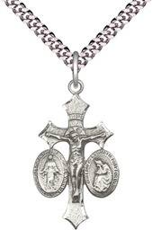 [6055SS/24S] Sterling Silver Jesus, Mary, Our Lady of La Salette Pendant on a 24 inch Light Rhodium Heavy Curb chain