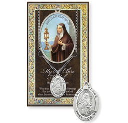 [HI-950-426] St. Clare Genuine Pewter Medal on a 24&quot; Chain with Biography and Picture Folder