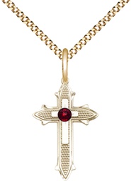 [6058GF-STN1/18G] 14kt Gold Filled Cross on Cross Pendant with a 3mm Garnet Swarovski stone on a 18 inch Gold Plate Light Curb chain