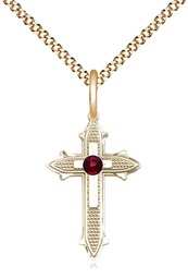 [6058GF-STN1/18G] 14kt Gold Filled Cross on Cross Pendant with a 3mm Garnet Swarovski stone on a 18 inch Gold Plate Light Curb chain