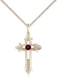 [6058GF-STN1/18GF] 14kt Gold Filled Cross on Cross Pendant with a 3mm Garnet Swarovski stone on a 18 inch Gold Filled Light Curb chain