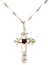 [6058GF-STN1/18GF] 14kt Gold Filled Cross on Cross Pendant with a 3mm Garnet Swarovski stone on a 18 inch Gold Filled Light Curb chain