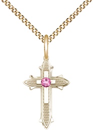 [6058GF-STN10/18G] 14kt Gold Filled Cross on Cross Pendant with a 3mm Rose Swarovski stone on a 18 inch Gold Plate Light Curb chain