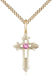 [6058GF-STN10/18G] 14kt Gold Filled Cross on Cross Pendant with a 3mm Rose Swarovski stone on a 18 inch Gold Plate Light Curb chain