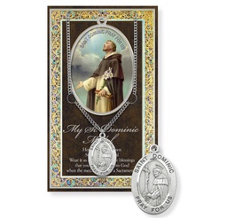 [HI-950-428] St. Dominic Genuine Pewter Medal on a 24&quot; Chain with Biography and Picture Folder