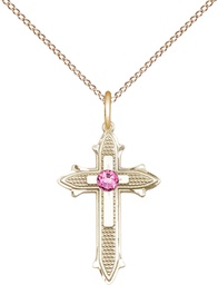 [6058GF-STN10/18GF] 14kt Gold Filled Cross on Cross Pendant with a 3mm Rose Swarovski stone on a 18 inch Gold Filled Light Curb chain