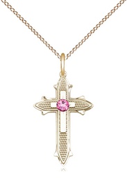 [6058GF-STN10/18GF] 14kt Gold Filled Cross on Cross Pendant with a 3mm Rose Swarovski stone on a 18 inch Gold Filled Light Curb chain