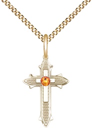 [6058GF-STN11/18G] 14kt Gold Filled Cross on Cross Pendant with a 3mm Topaz Swarovski stone on a 18 inch Gold Plate Light Curb chain